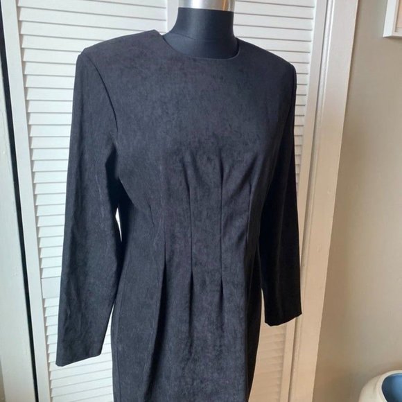 Vintage 1980s Suede-Look Long Sleeve Dress Shoulder Pads 10 - Picture 3 of 12